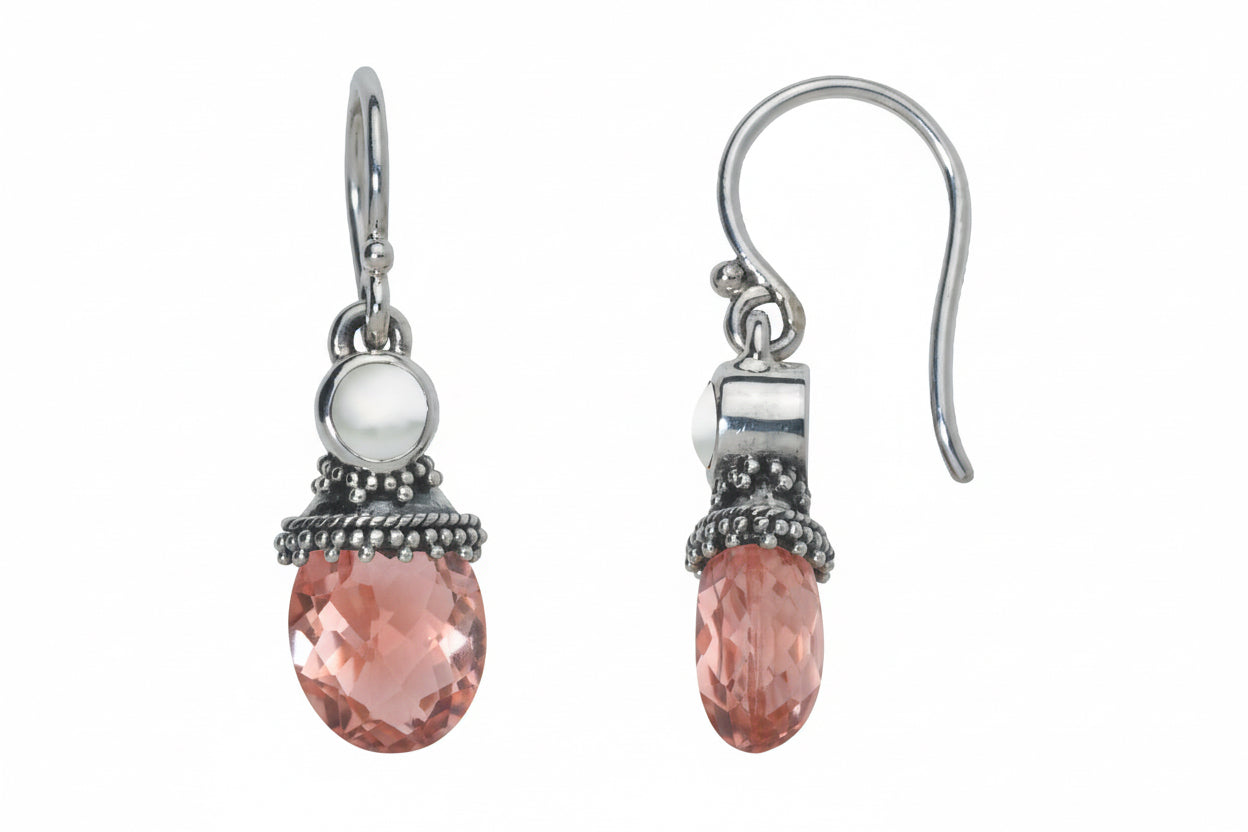 Sterling silver brio drop earrings with blush quartz and pearl accents from the Blush 2006 Collection.