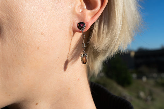 Chain drop earrings with gypsy red topaz stud and smoky quartz briolette in silver