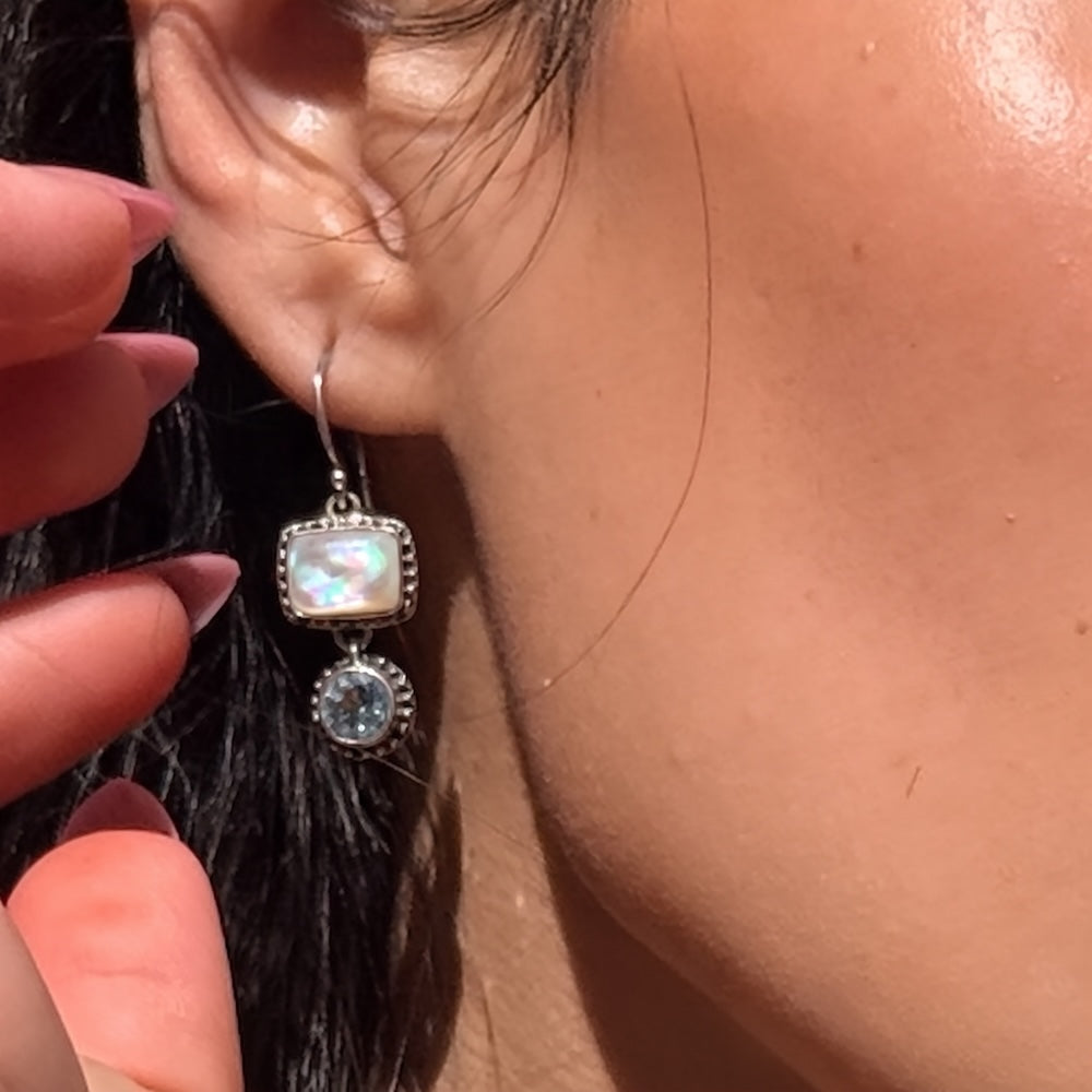 Double Drop Earrings – Mother of Pearl, Sky Blue Topaz (QVC Era Archive)