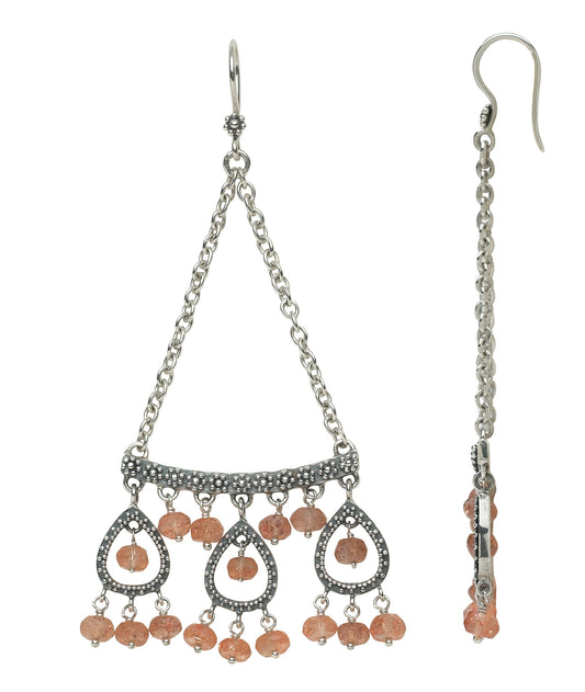 Sterling silver chandelier earrings with sunstone rondelle beads and granulated teardrop frames on chain, Parisian Muse Collection 2004, Lori Bonn Archive.