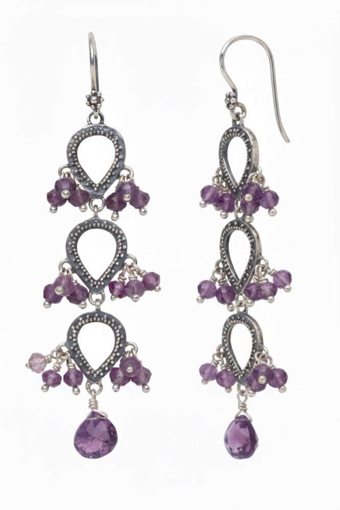 Sterling silver triple tier chandelier earrings with granulated teardrop frames, amethyst rondelle clusters, and amethyst briolette drop, Parisian Muse Collection 2004, Lori Bonn Archive.