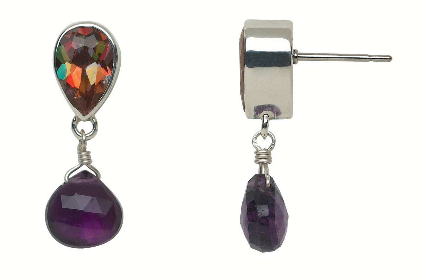 Sterling silver drop earrings with pear-cut twilight topaz post and faceted amethyst briolette drop, Parisian Muse Collection 2004, Lori Bonn Archive.