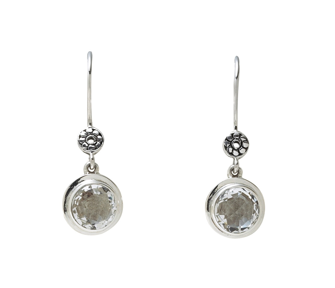 Sterling-silver round drop earrings with white-quartz cabochons, Chrysalis 2008