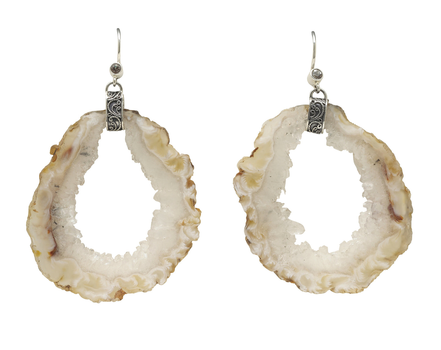 Pair of light-toned Oco-agate geode slice earrings with smoky-quartz accent and filigree silver caps from Lori Bonn’s 2008 Chrysalis Collection