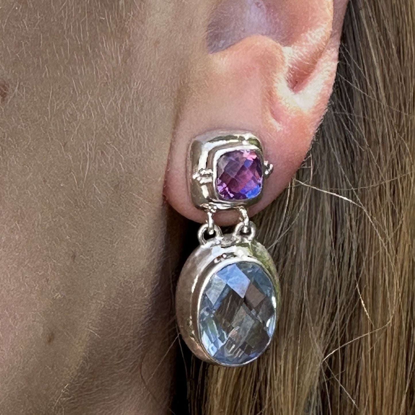 Double Stone Drop Earrings – Blue Spinel, Rainbow Lavender Quartz (Splash 2009 Archive)