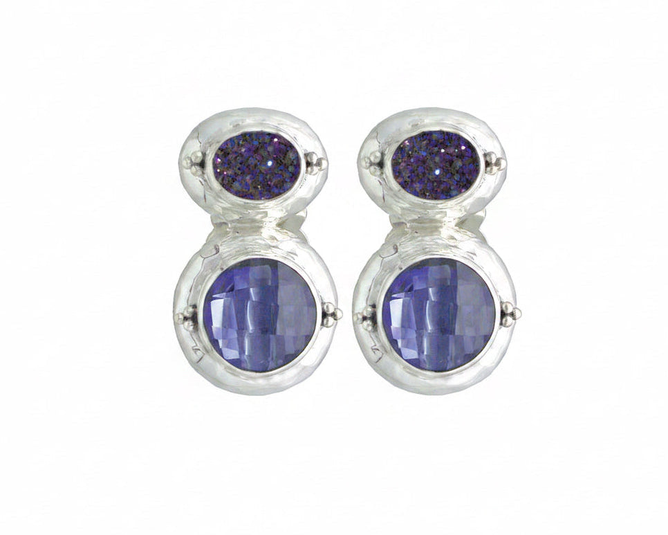 Sterling silver double drop clip earrings with oval blue drusy and round created blue sapphire in hand-hammered bezels, Windsor Collection 2009, Lori Bonn Archive.