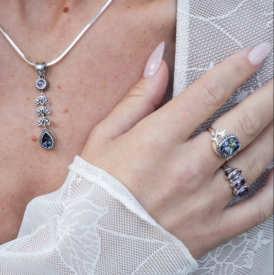 mystifier topaz ring, amethyst marquis ringsand pendant from Heirloom collection