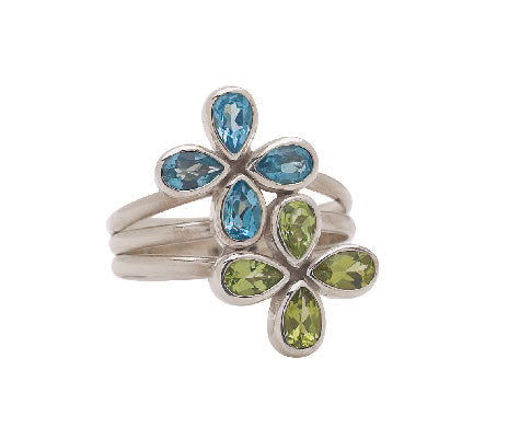 Sterling silver clover-shaped wrap ring with blue topaz and peridot, sizes 7 and 8