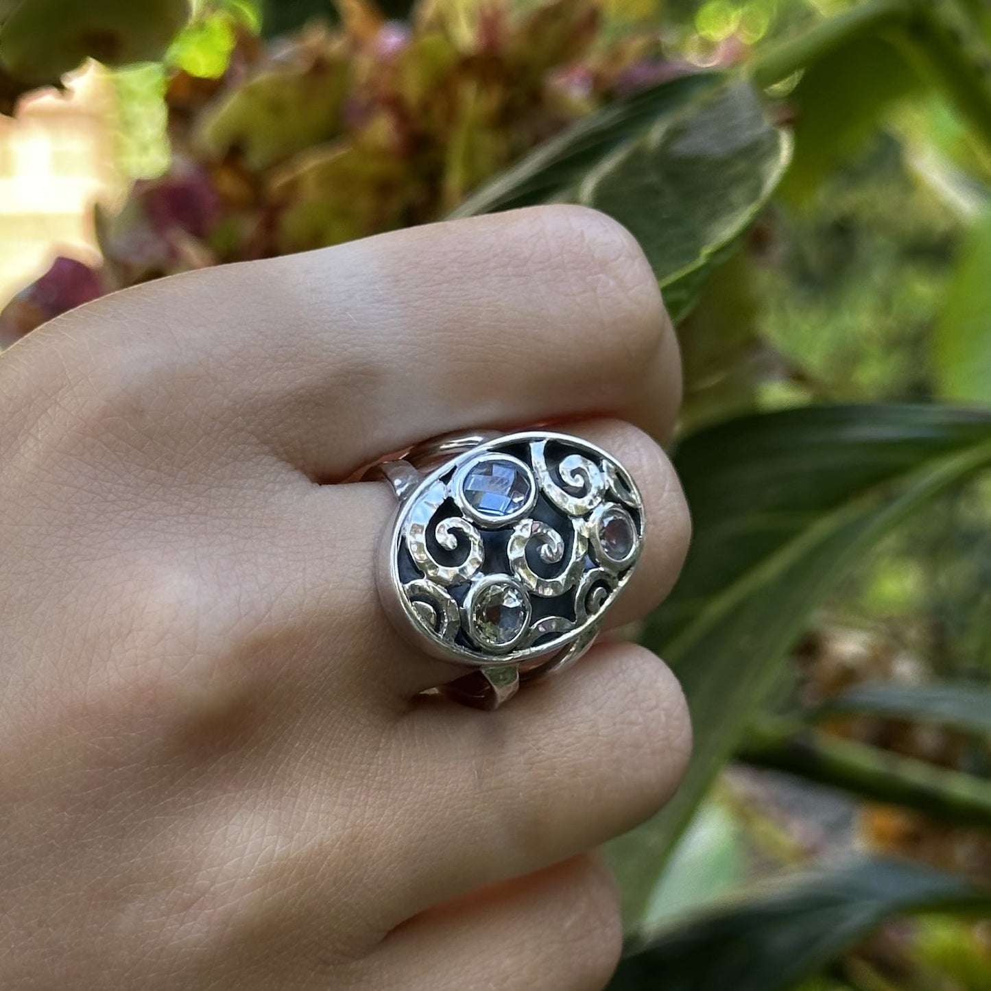 Swirl Cocktail Ring – Blue Spinel, White Quartz (Size 8, Splash 2009 Archive)
