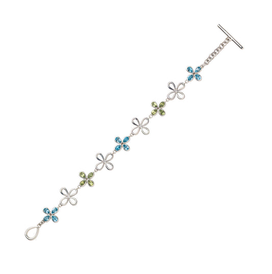 Sterling silver clover link bracelet with Swiss blue topaz and peridot