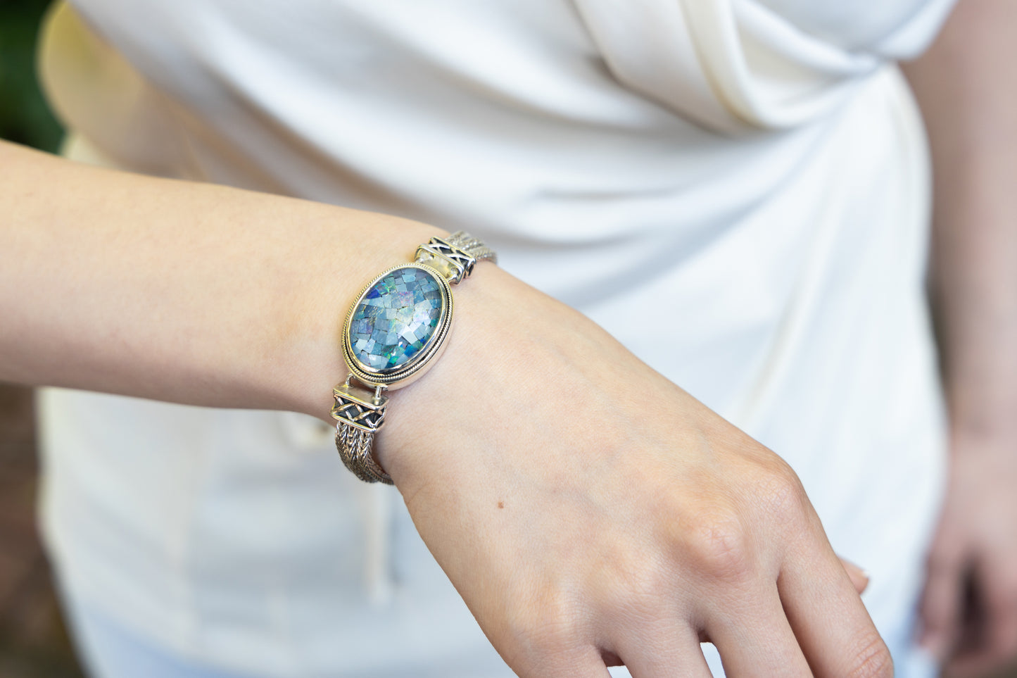 Sterling silver foxtail bracelet with oval opal mosaic stone