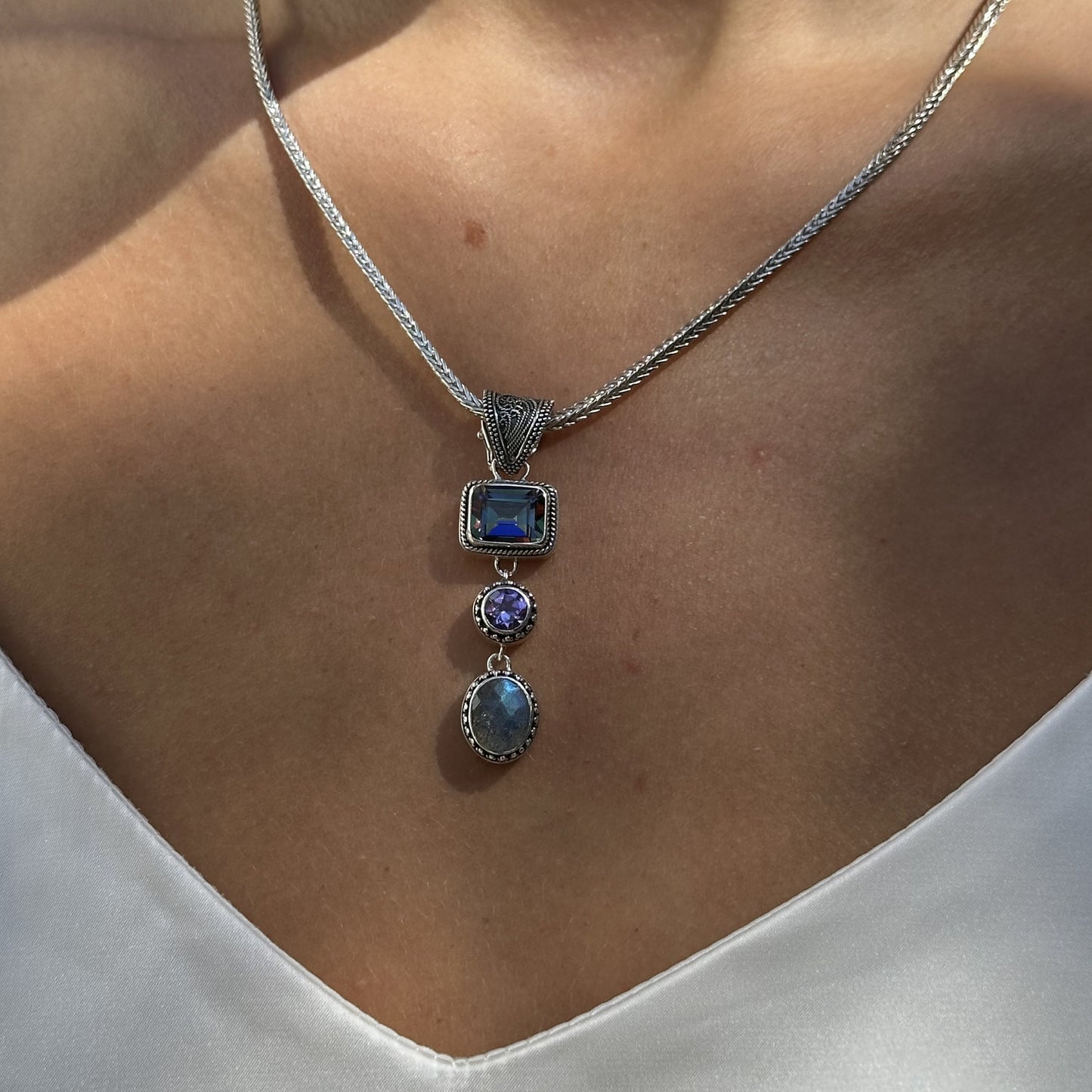 Triple Drop Pendant Necklace – Mystic Fire Topaz, Amethyst, Labradorite (Heirloom 2002 Archive)