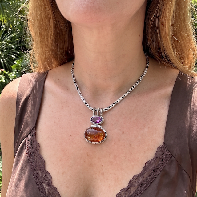 Pendant Necklace – Raspberry Topaz & Baltic Amber (Parisian Muse 2004 Archive)