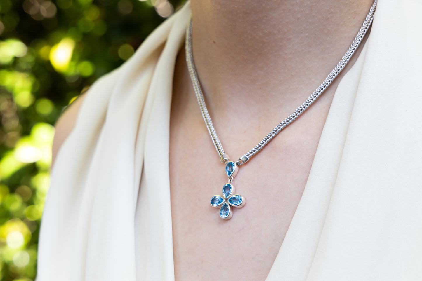 Sterling silver foxtail necklace with Swiss blue topaz clover drop