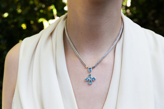 Sterling silver foxtail necklace with Swiss blue topaz clover drop