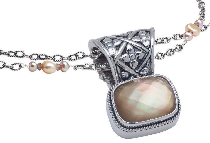 Sterling silver cushion-cut mocha pearl pendant on adjustable foxtail chain