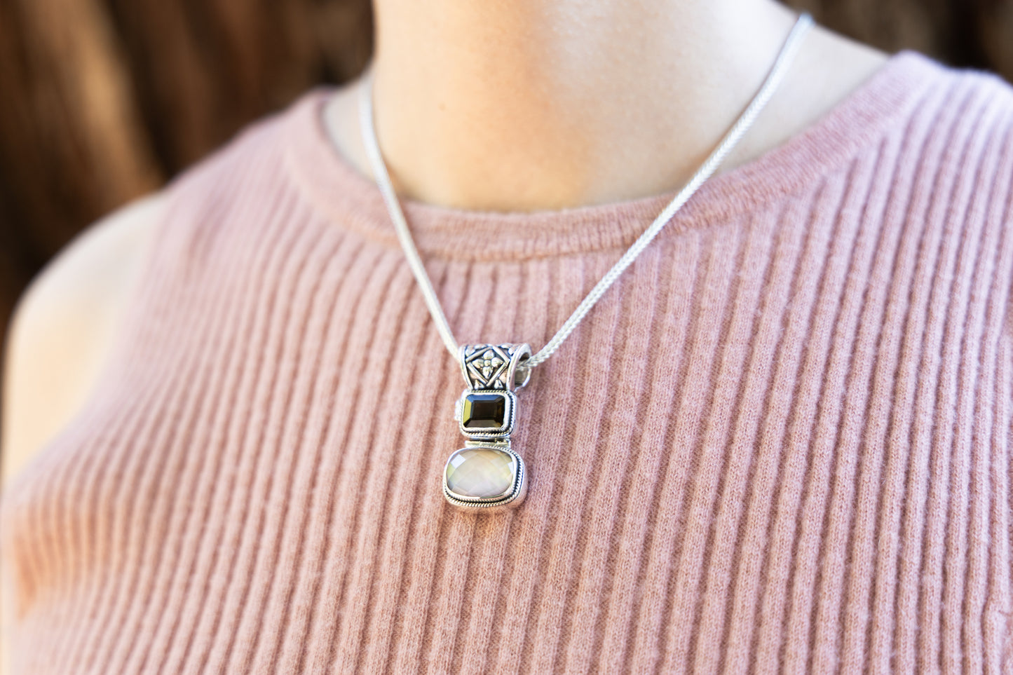 Sterling silver double drop enhancer with mocha pearl and smoky quartz cushion stones
