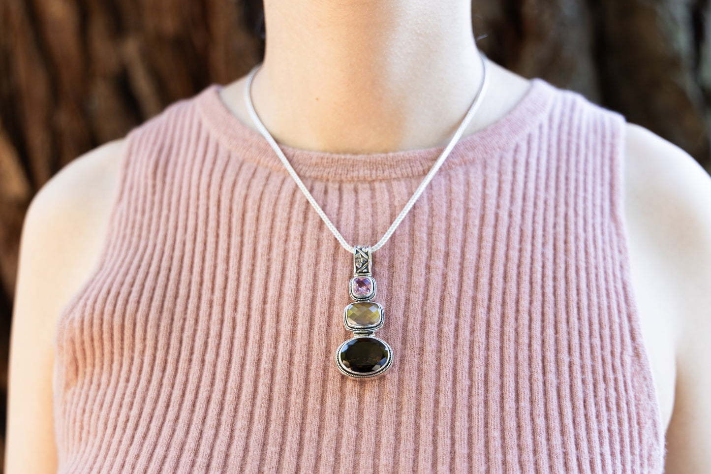 Sterling silver triple drop pendant with mocha pearl, smoky quartz, and pink sapphire on foxtail chain.