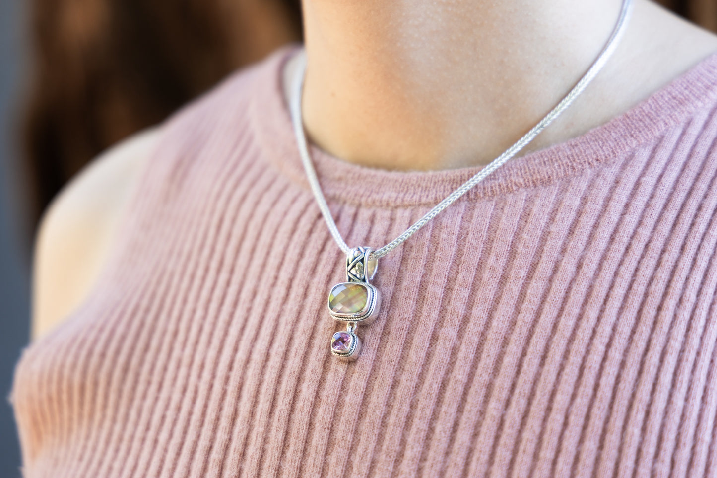 Sterling silver double drop enhancer with mocha pearl and pink sapphire on foxtail chain.