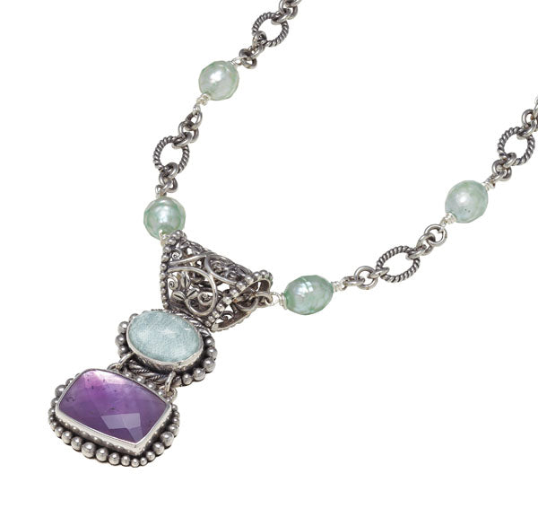 Sterling double-drop pendant with aspen wood quartz and amethyst doublet on pearl-accent chain, Wisteria 2008 archive.