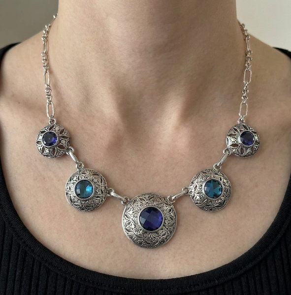 Sterling silver five medallion necklace with Windsor gate pattern, created blue sapphire and mystic quartz on handmade figaro chain, Windsor Collection 2009, Lori Bonn Archive.