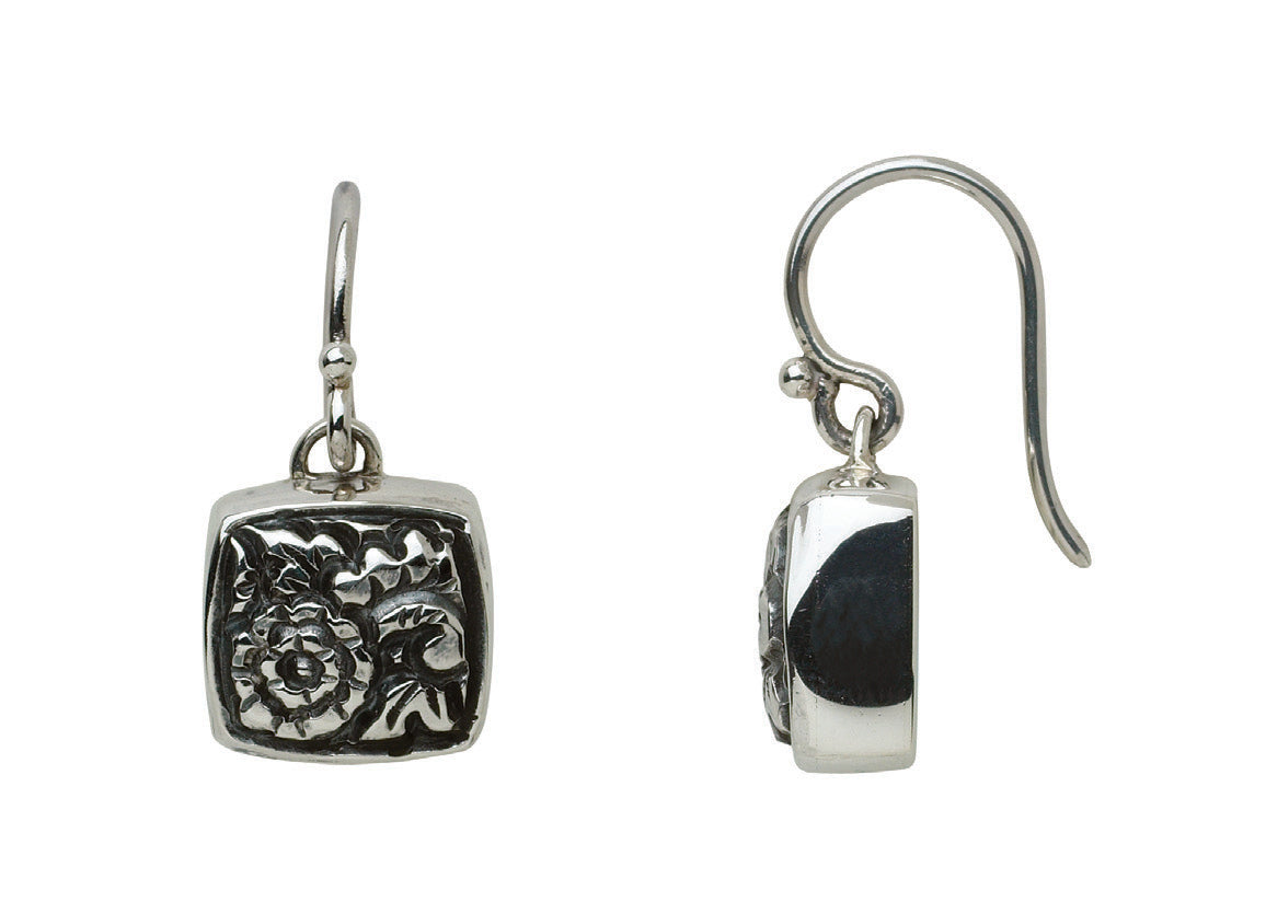 Sterling silver cushion square drop earrings with hand-carved floral repoussé on French wire, Sasha Collection 2003, Lori Bonn Archive.
