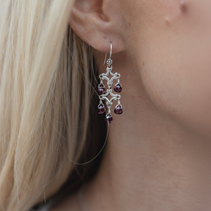 Sterling silver chandelier earrings with faceted garnet brio drops from the Cognac 2005 Archive.