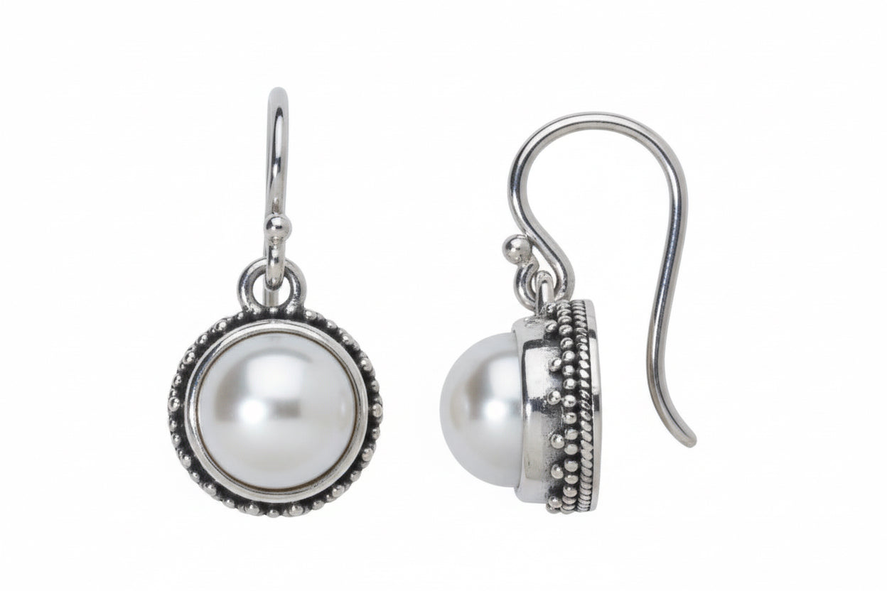 Sterling silver round pearl drop earrings from the Blush Collection Archive