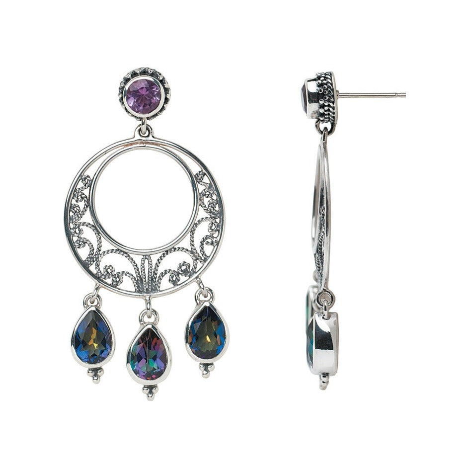Sterling silver chandelier post earrings with amethyst, open filigree oval hoop, and mystic fire topaz pear drops, Lori Bonn Heirloom Collection 2002 Archive.