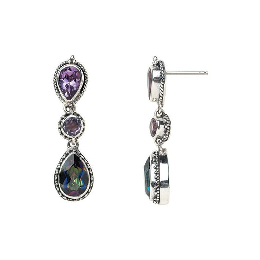 Sterling silver post earrings with pear and round amethyst and a pear mystic fire topaz drop, fine granulation detail, Lori Bonn Heirloom Collection 2002 Archive.