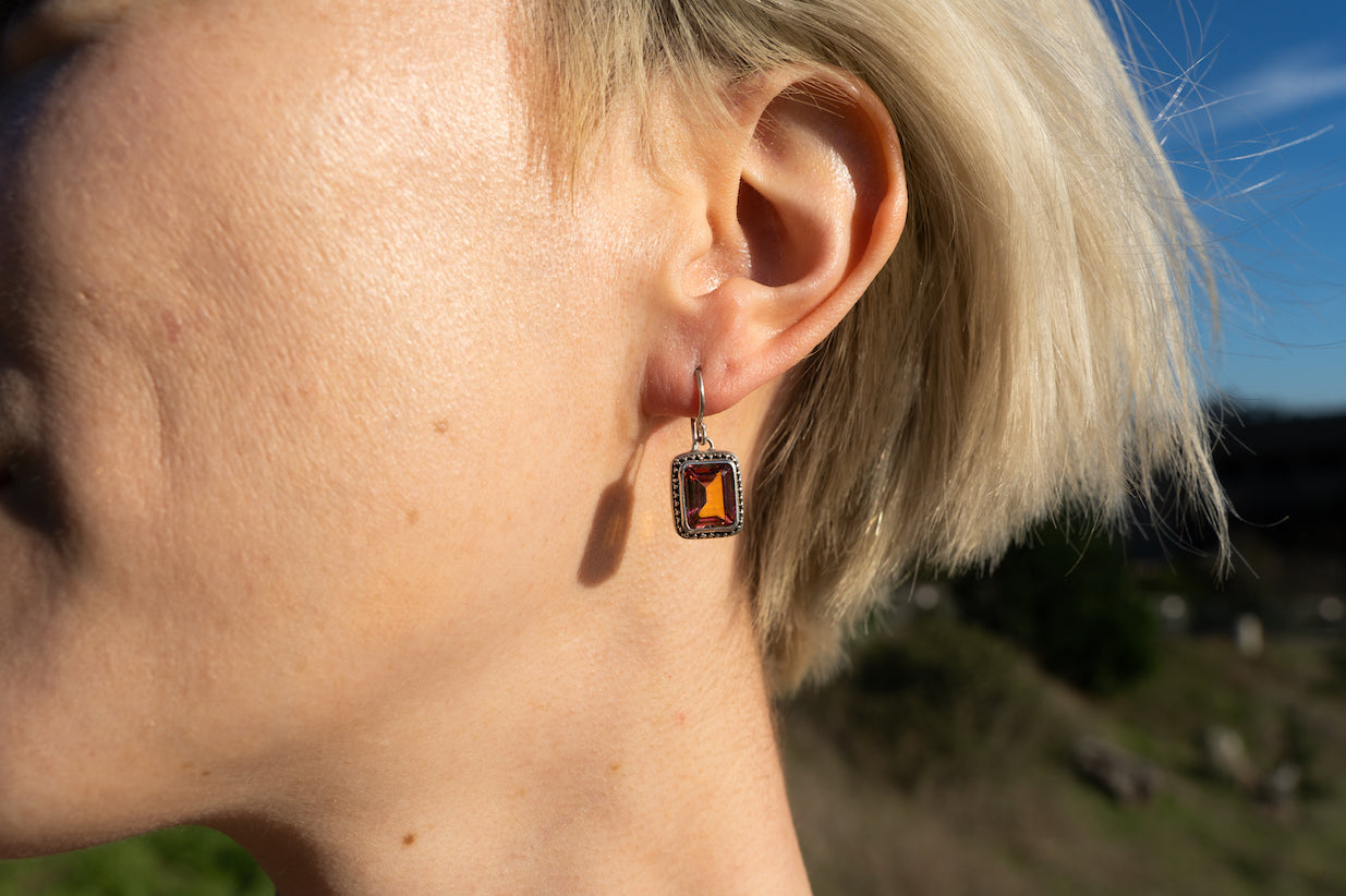 Rectangular twilight topaz earrings with granulated silver bar and ear wires