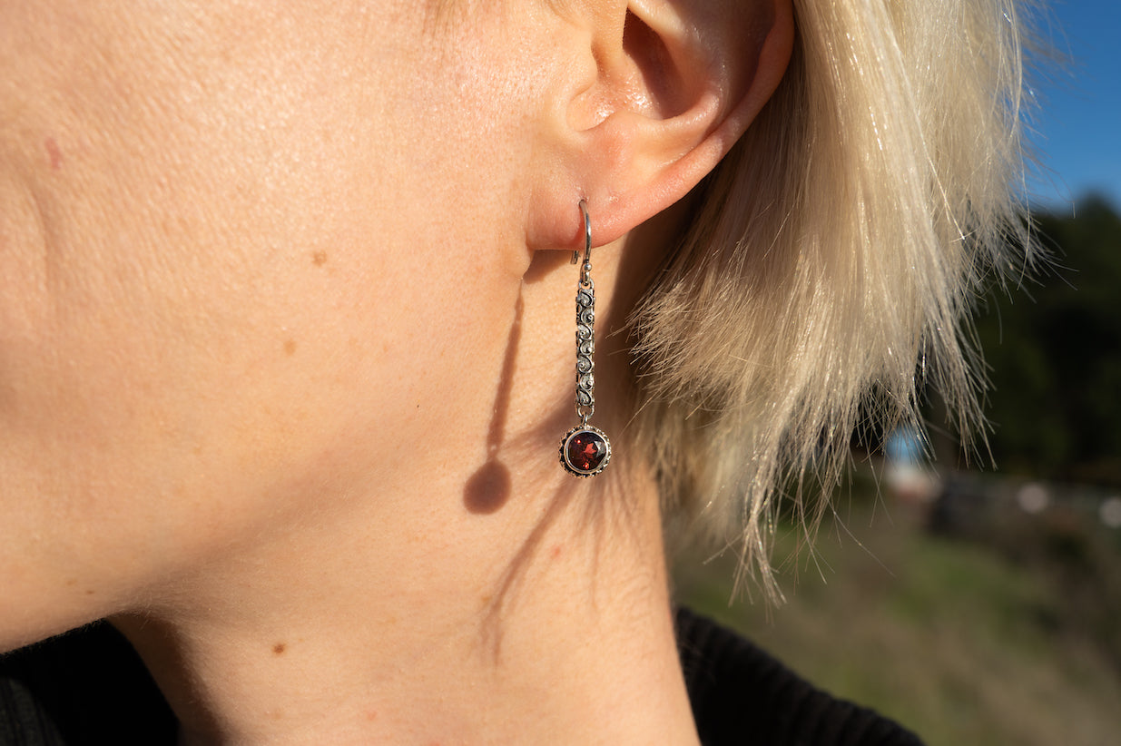 Round gypsy red topaz drop earrings with silver filigree bar and ear wires