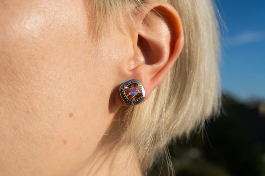 Cushion-cut twilight topaz stud earring in oxidized silver box setting with post backing