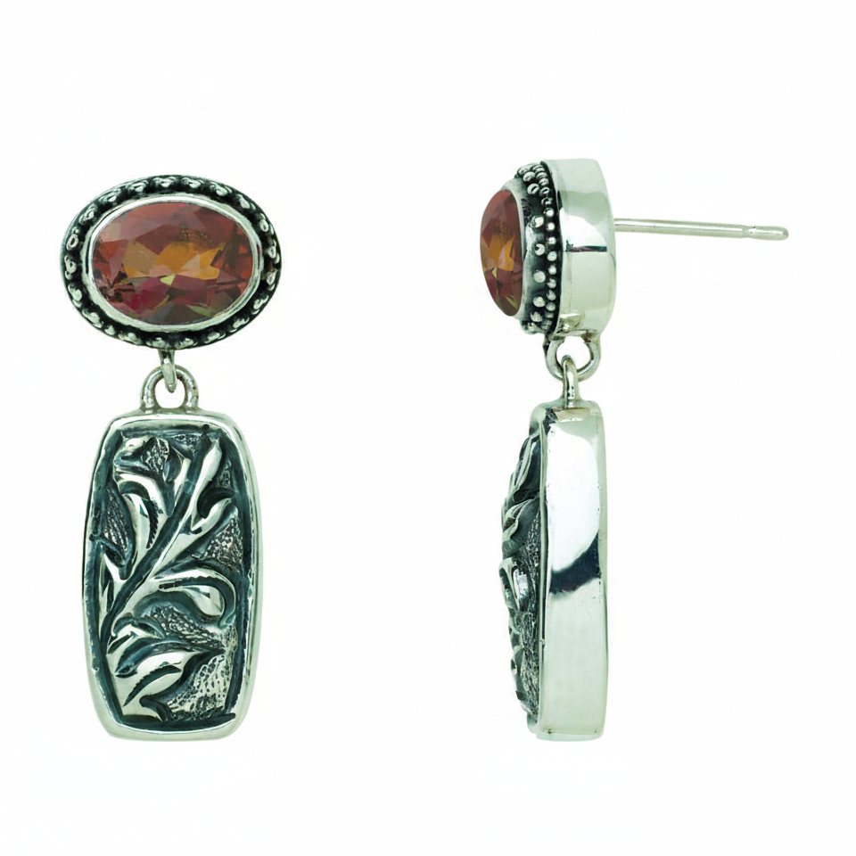 Sterling silver post drop earrings with faceted twilight topaz and repoussé detailing, approximately 1 1/8" long, from the Sasha 2003 Archive.