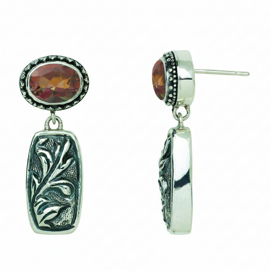 Sterling silver post drop earrings with faceted twilight topaz and repoussé detailing, approximately 1 1/8" long, from the Sasha 2003 Archive.