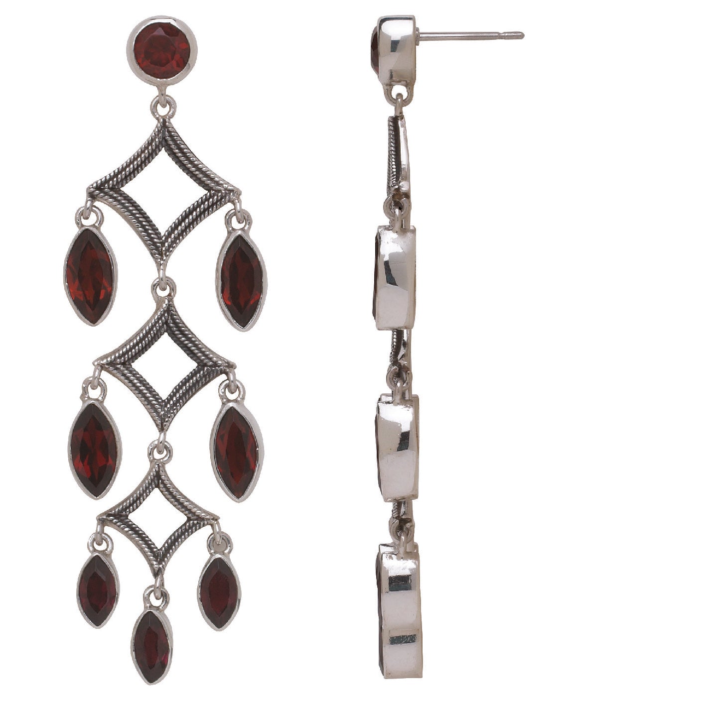 Sterling silver chandelier earrings with faceted garnet stones in a triple diamond design from the Sasha 2003 Archive.
