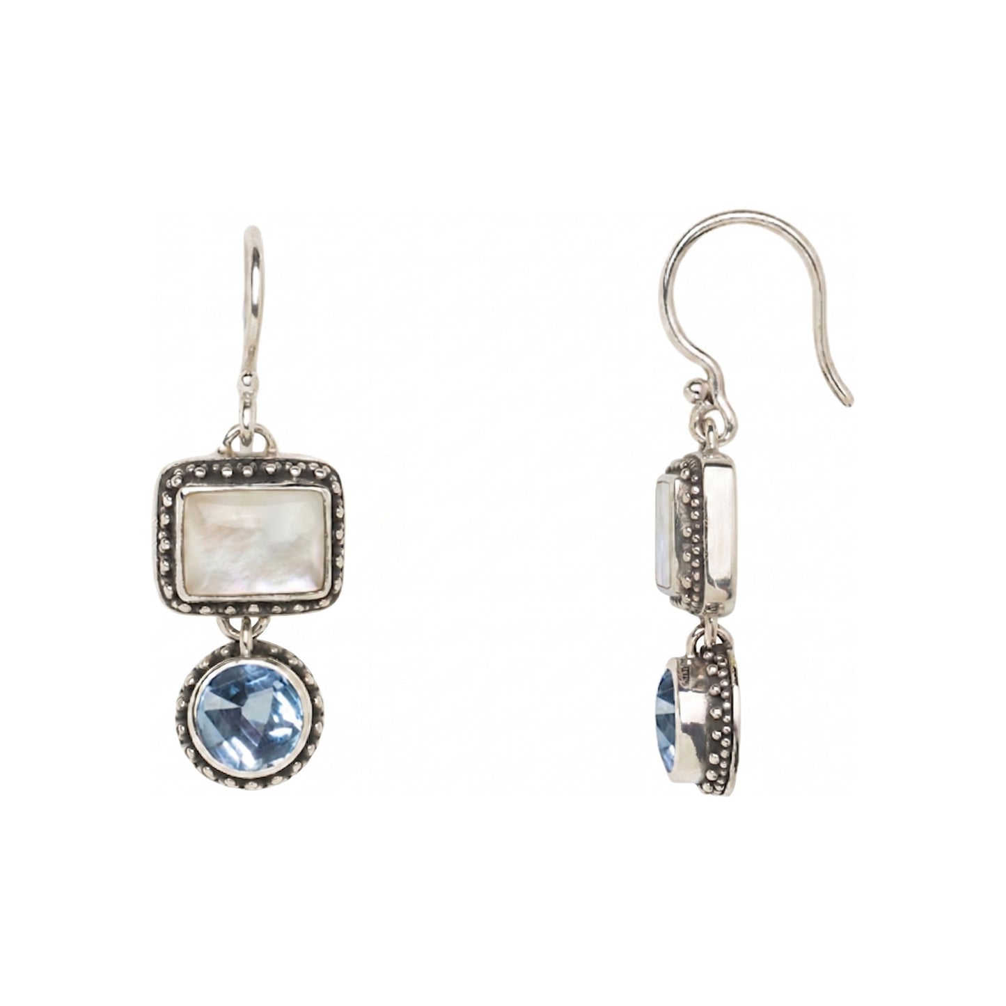 Sterling silver double drop earrings with rectangular mother of pearl and round sky blue topaz in granulation frames, Lori Bonn QVC era archive.