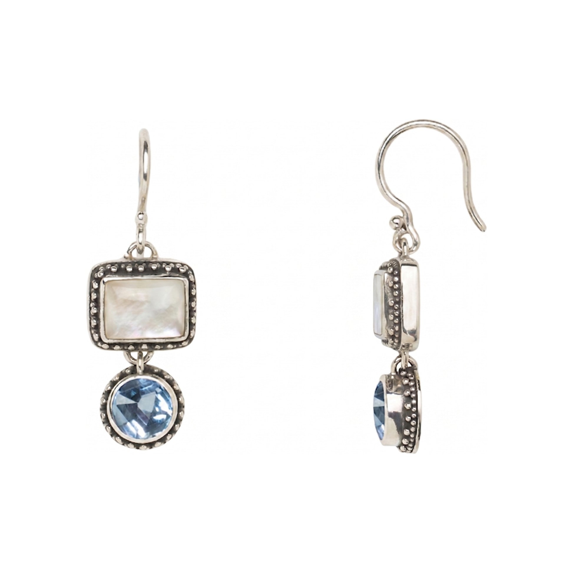 Sterling silver double drop earrings with rectangular mother of pearl and round sky blue topaz in granulation frames, Lori Bonn QVC era archive.