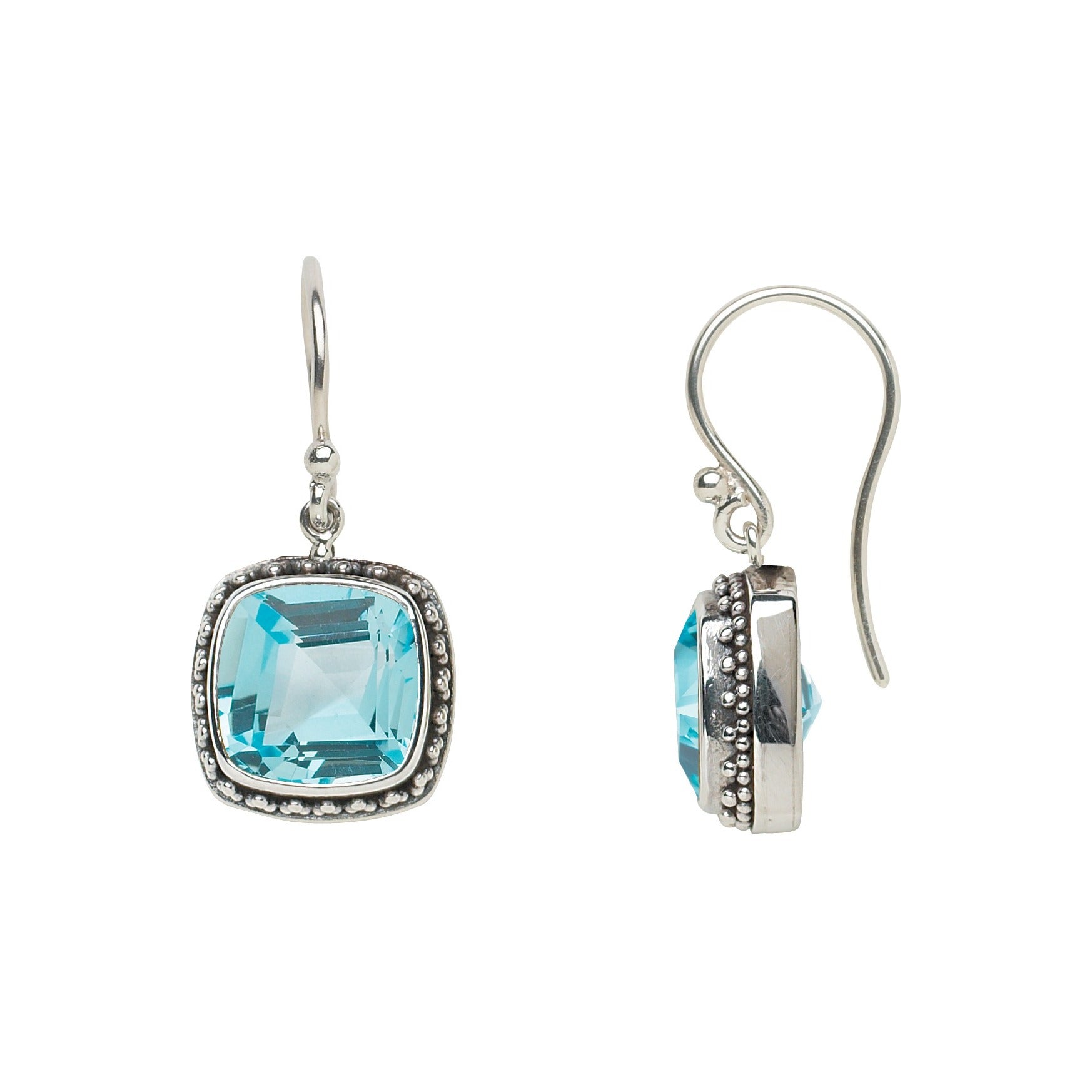 Sterling silver drop earrings with cushion-cut sky blue topaz in granulation frames, Lori Bonn QVC era archive.