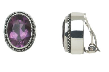 Sterling silver clip earrings with faceted oval amethyst in granulated bezel, Parisian Muse Collection 2004, Lori Bonn Archive.