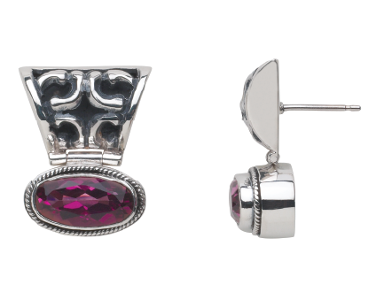 Sterling silver post earrings with scrollwork fan detail and oval raspberry topaz drop, Parisian Muse Collection 2004, Lori Bonn Archive.