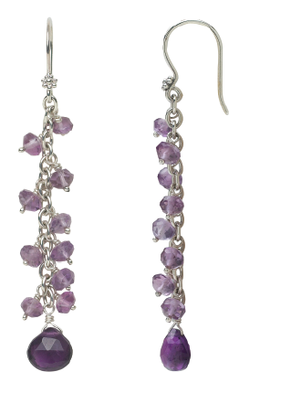 Sterling silver linear drop earrings with faceted amethyst rondelles on chain and amethyst briolette drop, Parisian Muse Collection 2004, Lori Bonn Archive.