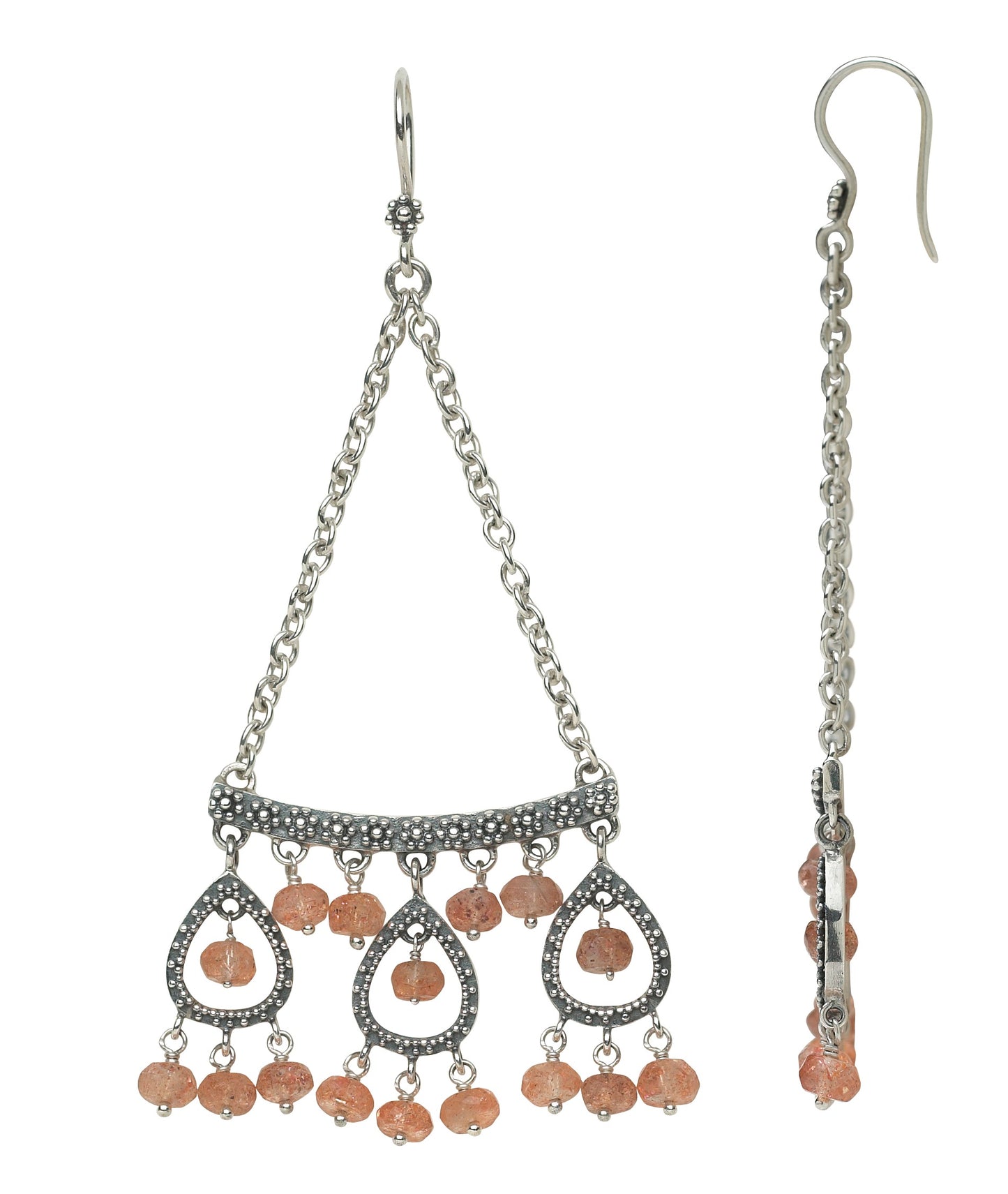  Sterling silver chandelier earrings with sunstone rondelle beads and granulated teardrop frames on chain, Parisian Muse Collection 2004, Lori Bonn Archive.

