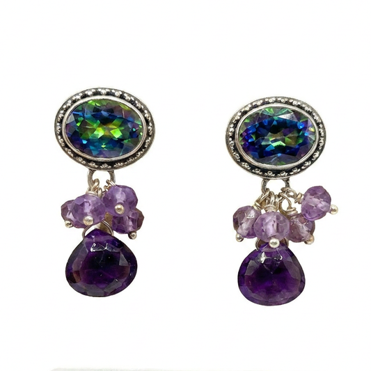 terling silver post earrings with oval mystic fire topaz top, amethyst rondelle cluster, and amethyst briolette drop from the Lori Bonn Parisian Muse 2004 Archive collection.