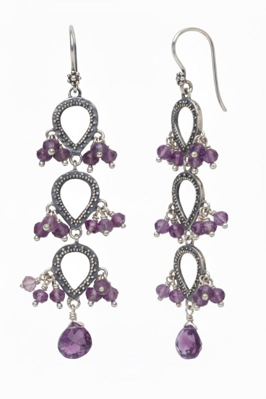 Sterling silver triple tier chandelier earrings with granulated teardrop frames, amethyst rondelle clusters, and amethyst briolette drop, Parisian Muse Collection 2004, Lori Bonn Archive.
