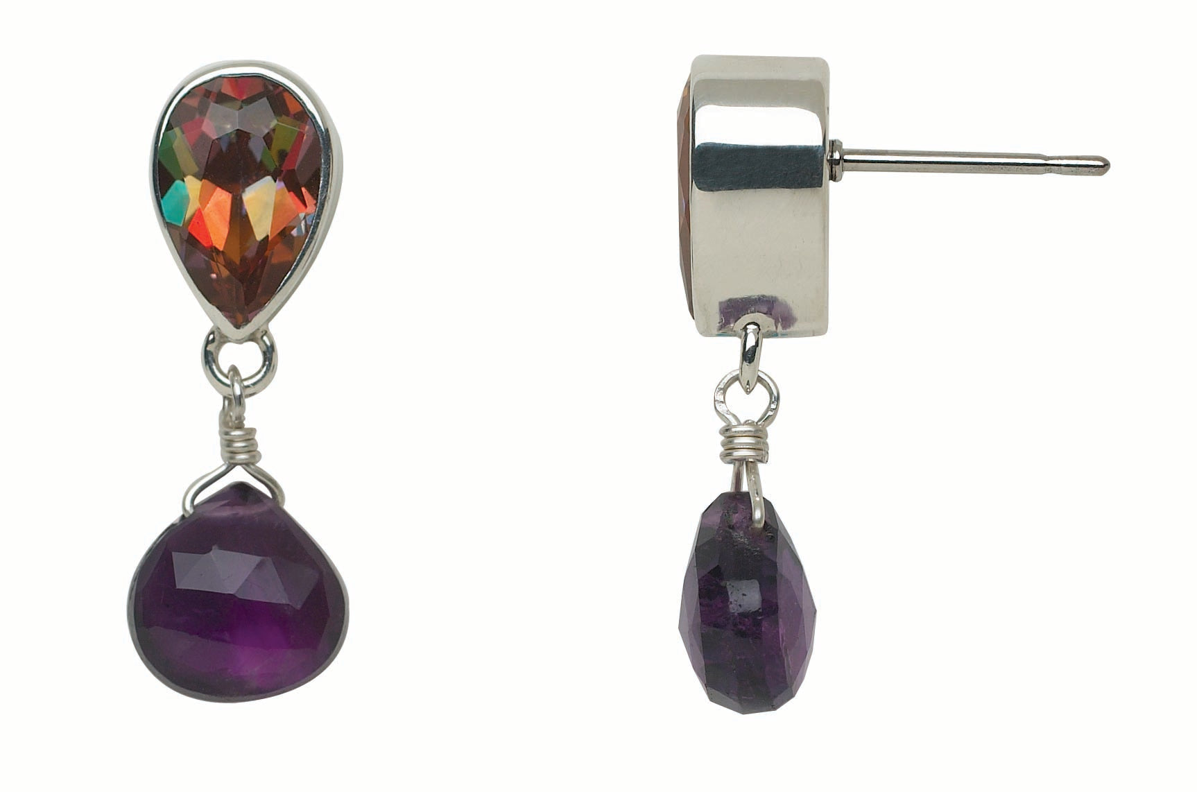 Sterling silver drop earrings with pear-cut twilight topaz post and faceted amethyst briolette drop, Parisian Muse Collection 2004, Lori Bonn Archive.