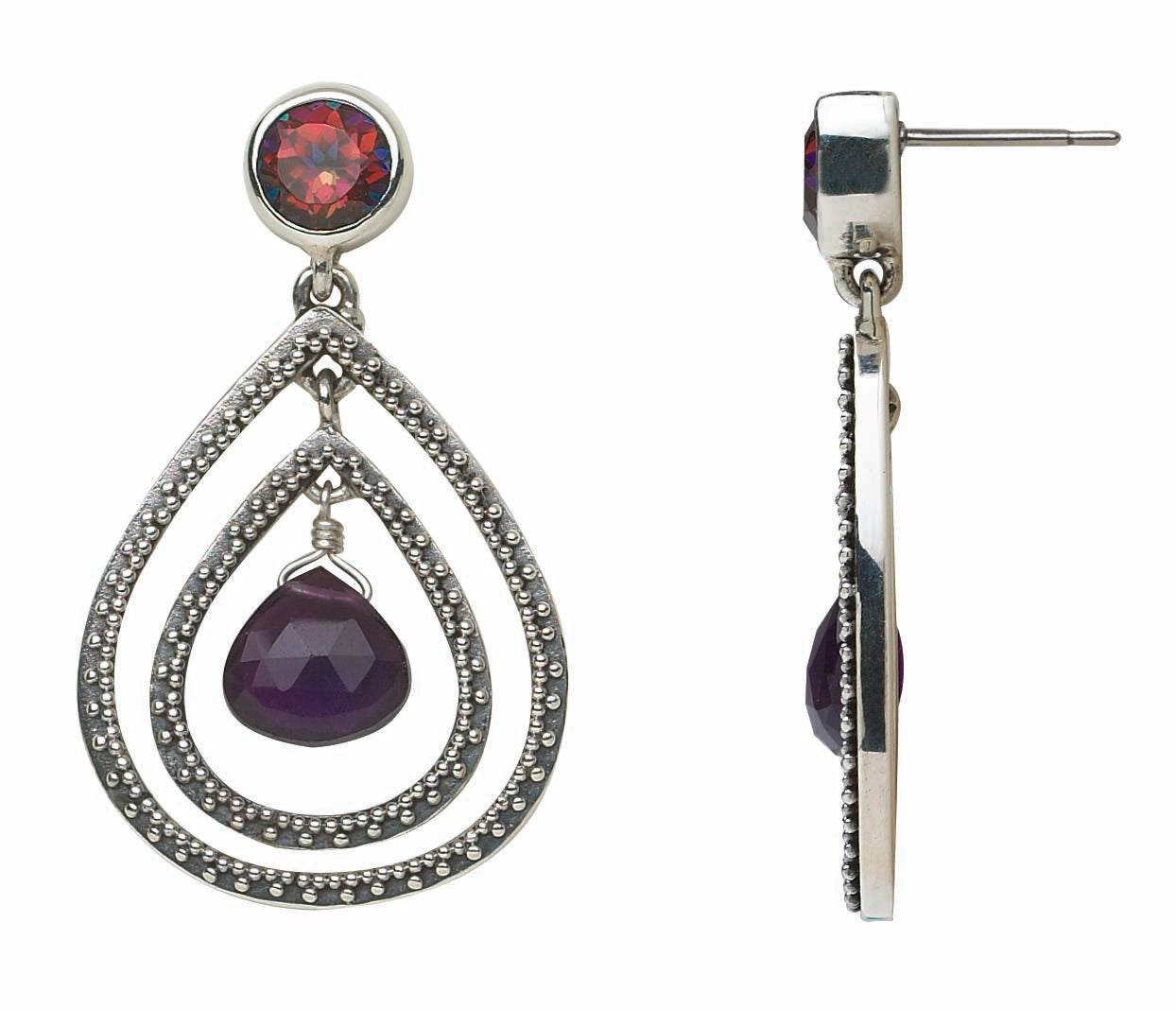 Pair of silver teardrop earrings with gemstones on a white background