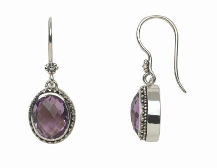 Sterling silver drop earrings with 10x8mm oval checkerboard-cut amethyst in granulated bezel on French wire, Parisian Muse Collection 2004, Lori Bonn Archive.