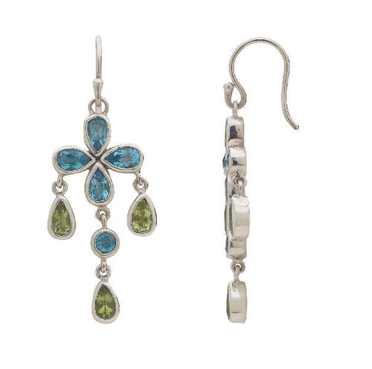 Chandelier-style earrings with Swiss blue topaz and peridot