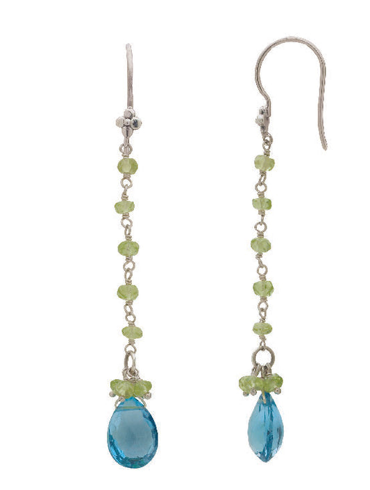 Linear silver earrings with Swiss blue topaz briolettes and peridot rondelles